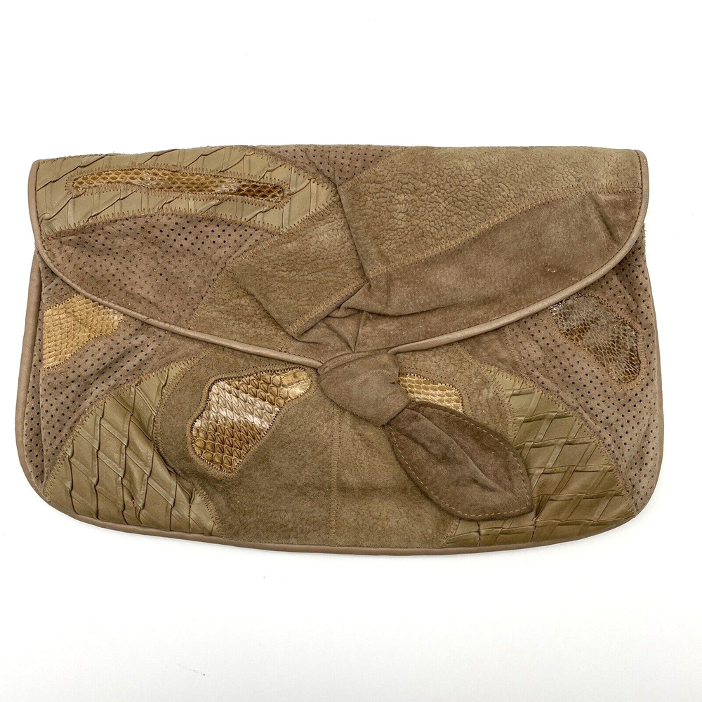 Vintage 80s Clemente Beige Suede Leather & Snakeskin Patchwork Clutch 14" x 8.5"